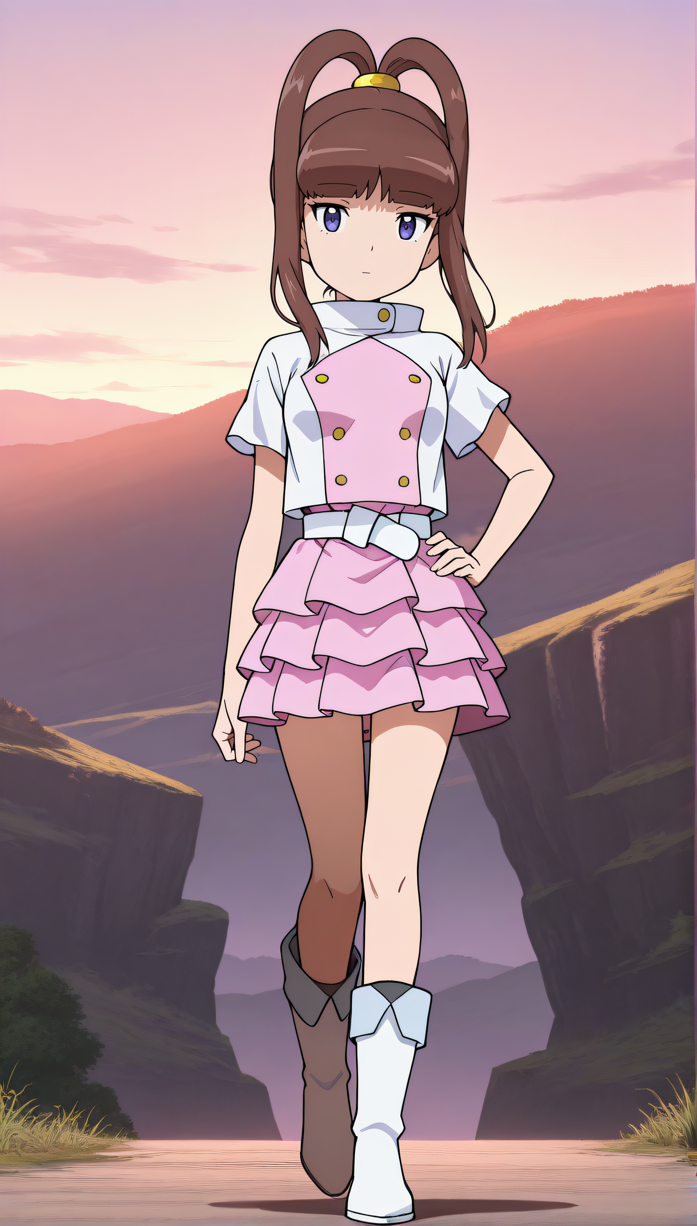masterpiece, best quality, highres, scenery, newest, 1girl, solo, official style, <lora:IL_Amano_Nene_v2:1>, nene, white jacket, short sleeves, white belt, pink skirt, white kneehigh boots, looking at viewer, expressionless, outdoor, full body, hand on hip, five fingers