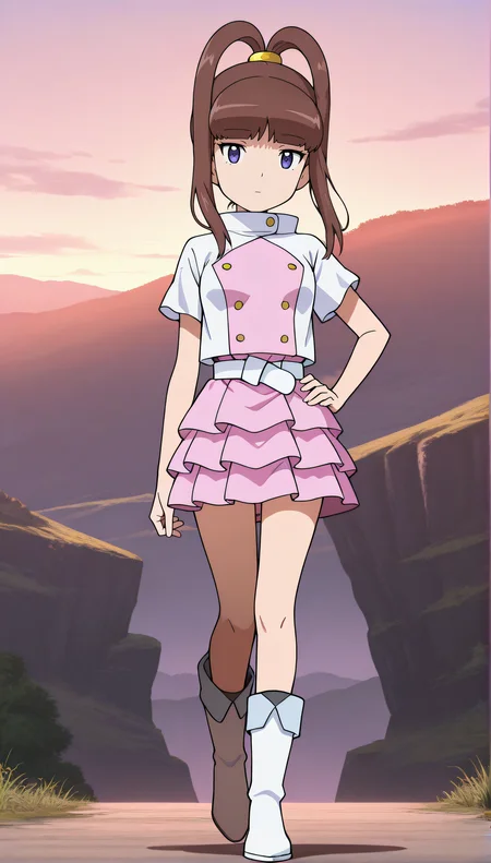 masterpiece, best quality, highres, scenery, newest, 1girl, solo, official style, <lora:IL_Amano_Nene_v2:1>, nene, white jacket, short sleeves, white belt, pink skirt, white kneehigh boots, looking at viewer, expressionless, outdoor, full body, hand on hip, five fingers