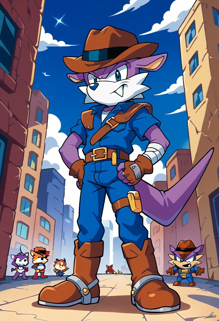 score_9, score_8, score_7, 1man, solo, furry, anthro, source_cartoon, Fang the Sniper, purple skin, cowboy hat, gloves, belt, boots, city, daytime, looking at viewer, dynamic, blue jumpsuit, blue pants, blue shirt, short sleeves, brown shoulder armor, blue fingerless gloves, bandaged arm, asymmetrical legwear, red boots, short, short body, chibi