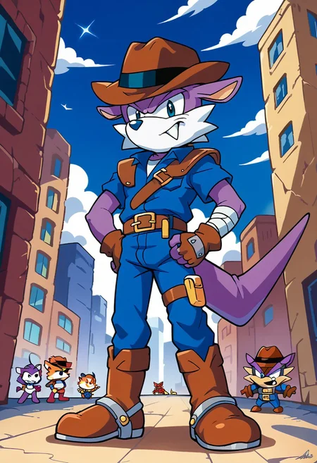 score_9, score_8, score_7, 1man, solo, furry, anthro, source_cartoon, Fang the Sniper, purple skin, cowboy hat, gloves, belt, boots, city, daytime, looking at viewer, dynamic, blue jumpsuit, blue pants, blue shirt, short sleeves, brown shoulder armor, blue fingerless gloves, bandaged arm, asymmetrical legwear, red boots, short, short body, chibi