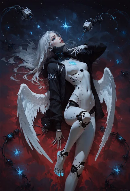score_9, score_8_up, score_7_up,  robot girl, (robot joints, intervention unit, very complex robot, glowing chest:1.2), full body, blue neon angel wings, mechanical toes, solo, white long hair, flat breasts, bangs, arched back, dark eyes, too tight burgundy hoodie, provocative, cosmic background, cables and wires everywhere, smirk, red theme  <lora:pony/twilight_style:0.8> <lora:pony/expressiveh:0.8> expressiveh <lora:pony/vixon_gothic_oil_style:0.7> d4rk01l