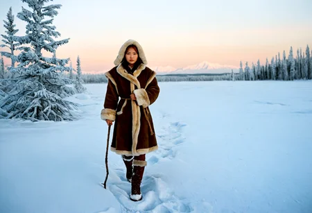 Stable_Yogis_PDXL_Positives, ziprealism, A professional photography in Steve McCurry stvmccrr style, rich colors, cultural portrait, Siberian-Asian, Amid the sweeping Siberian taiga in the full grip of winter, a young female hunter stands resolutely. The icy terrain stretches endlessly, broken only by the frosted needles of towering pine trees. The faint light of dawn spreads a delicate, golden hue over the snow, accentuating the hunterâs poised form., In the frozen Siberian wilderness, a young female hunter, her form exuding strength and grace, stands beneath the shadow of towering pines. She wears a long, hooded woolen robe, dyed a soft blue, embroidered with intricate patterns along the hem. Beneath it, her strong torso is fitted with a leather vest, while woolen thigh-high stockings, in a muted burgundy-red, tuck into sturdy boots. Her proud posture radiates resilience, embodying the essence of Siberiaâs harsh beauty in the 17th century, where the mystical aura of the land is felt in every breath., Against the icy Siberian landscape, her frost-kissed skin glows with a pale, frosted hue, a stark contrast to the frozen surroundings. Her straight, bright orange-red hair is tightly braided, with soft pieces of fur woven through the strands, accentuating her strength and cultural essence. Her piercing eyes, sharp and resolute, embody the Siberian sky, embodying the determination needed to endure the unforgiving wilderness., Her hands, protected by soft fur mittens, rest easily at her sides while a weathered fur cloak drapes elegantly over her shoulder. The fine detailing of her traditional attire exemplifies both the artistry and practicality of Siberian craftsmanship, tailored for survival against the relentless cold., The landscape is a wild, frozen expanse, where tall birch trees are dusted with snow and ice. The ground is blanketed in white, stretching toward the horizon. Distant mountains rise in the background, while the stillness of the scene is broken only by the wind, rustling through the Siberian trees., This portrayal recalls the emotional depth of Konstantin Makovskyâs portraits, while the environmental realism echoes the work of Isaak Levitan. The rich textures of the traditional Siberian huntress attire and the frozen landscape are reminiscents of the artistic mastery of Ivan Kramskoi., <lora:add-detail-xl:1.0><lora:Consistency Corrector XL:0.4><lora:stvmccrr:1>âââ