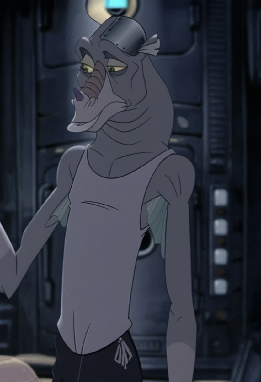 score_9, score_8_up, score_7_up, source:furry, anthro, furry, lips, furry, solo, Male,
BREAK
Pr33d_TAE, Preed, Akrennian, Titan AE, humanoid alien, humanoid creature, long snout, animal nostrils, black horn, nose horn nose-horn, animal ears, yellow sclera, green eyes, grey inner ears, missing left ear, mauve skin, beige snout, brown snout ridges, beige forearms, beige hands, pronounced cheekbones, angular face, pronounced bottom lip, light beige lip, big bottom lip, dark eye-circles, dark eyelids, armpit fins, thick neck, skinny, long fingers, dark grey claws, head plate,