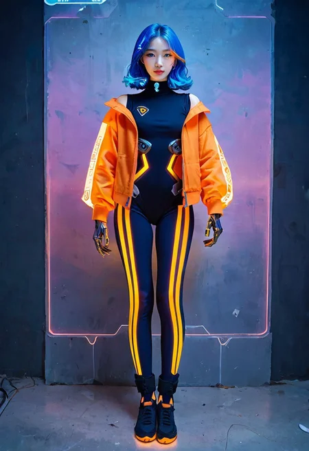 score_9,score_8_up,score_7_up, full body, A slender woman with cybernetic arms, glowing orange circuitry, and smooth blue plating leans slightly forward, her intense eyes framed by long, wavy blue hair. She wears a futuristic bodysuit in dark blue with bright orange highlights, creating a bold, high-tech aesthetic. The background is a vibrant gradient of glowing blue and orange holographic shapes, radiating a dynamic, high-energy vibe, krgrl, korean girl, cute korean girl, korean makeup, korean eyes