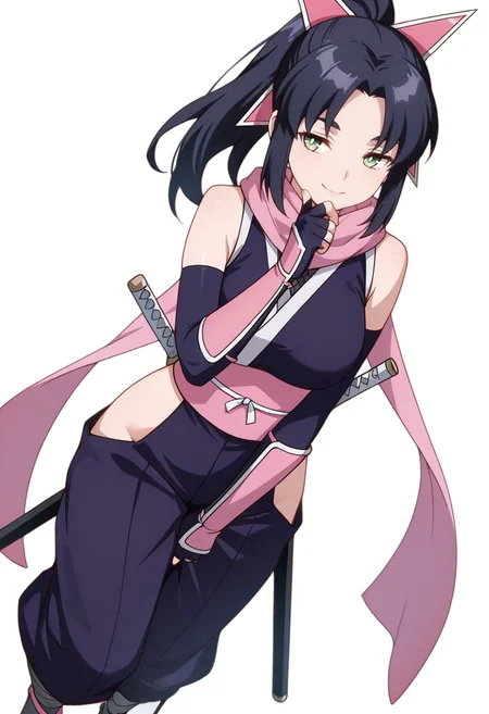 masterpiece,high quality details, ultra realistic, high detailed skin,absurdres,
hand between legs,
<lora:Ayaka_Kusagakure:0.8>
ayaka_cnr, 1girl, black hair, long hair, ponytail,parted bangs, sidelocks, green eyes, hair ornament,
bare shoulders, ninja, japanese clothes, kimono, sash,pink scarf,fingerless gloves, elbow gloves, sandals, sheath, pink ribbon,hip vent,, simple background, white background, dutch angle,solo,, naughty face,thinking,