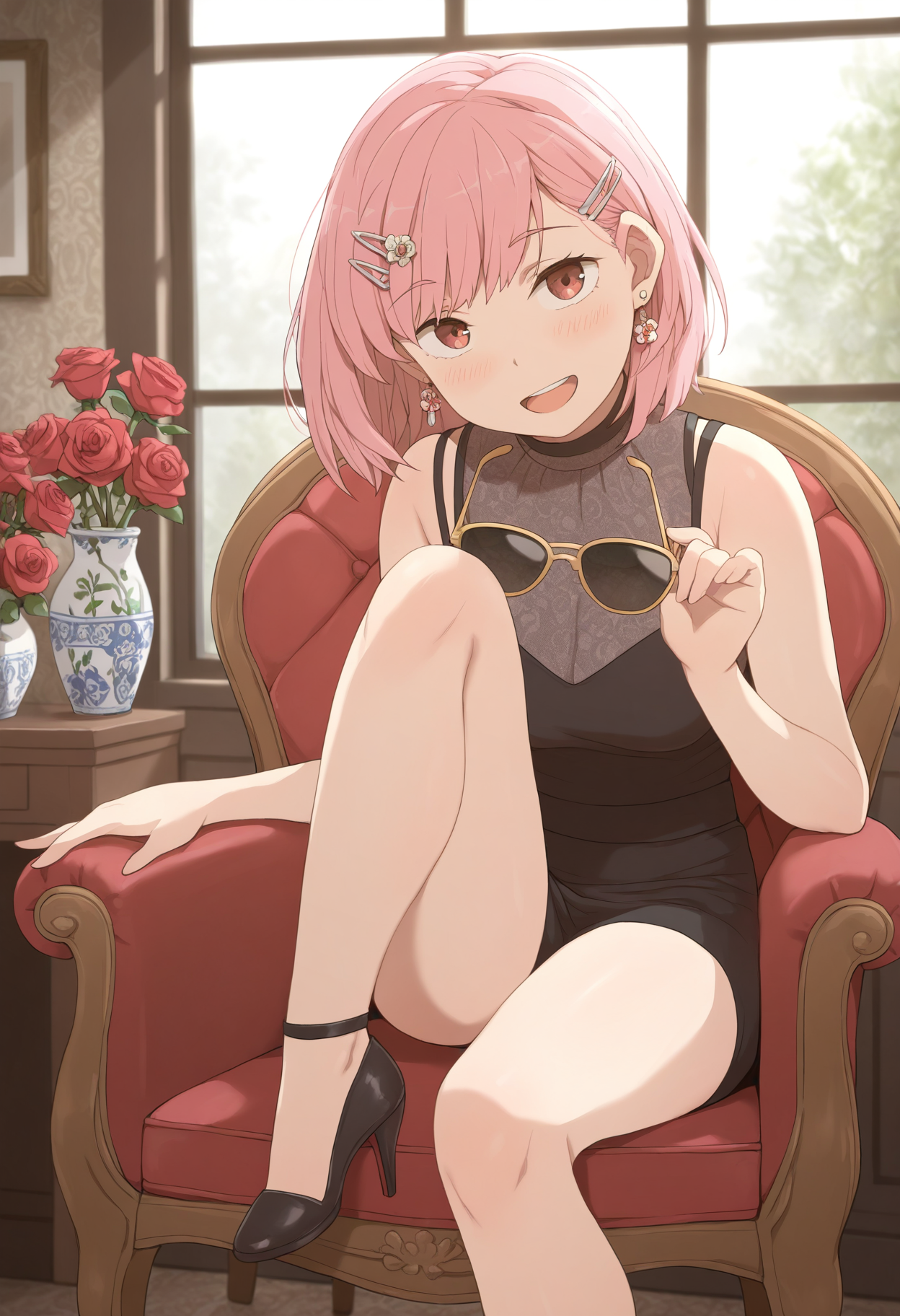 masterpiece,best quality,amazing quality,
1girl, solo, flower, sitting, high heels, earrings, jewelry, hair ornament, window, indoors, smile, pink hair, eyewear removed, looking at viewer, hairclip, sleeveless, open mouth, vase, sunglasses, knee up, rose, chair, bangs,
 <lora:Kuhuku:1>