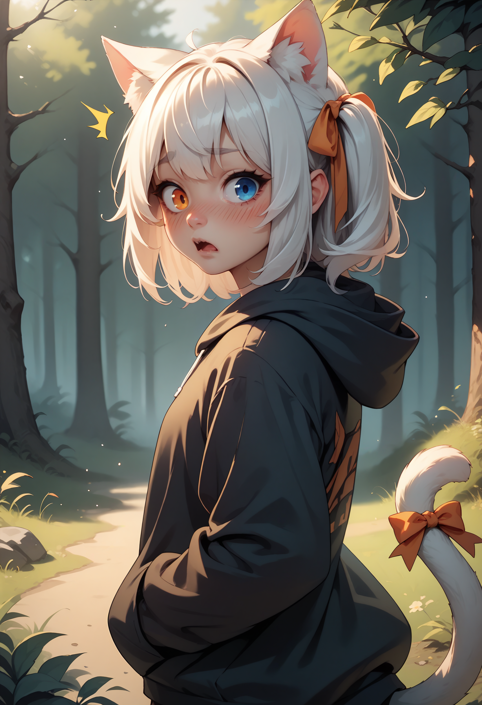 score_9,score_8_up,score_7_up, 1girl, animal ears, cat girl, hoodie, forest, from side, surprised, embarrassed, tail, white hair, blue eyes, orange eyes, heterochromia, tail ribbon, hair ribbon, looking at viewer, blush, hair tail
