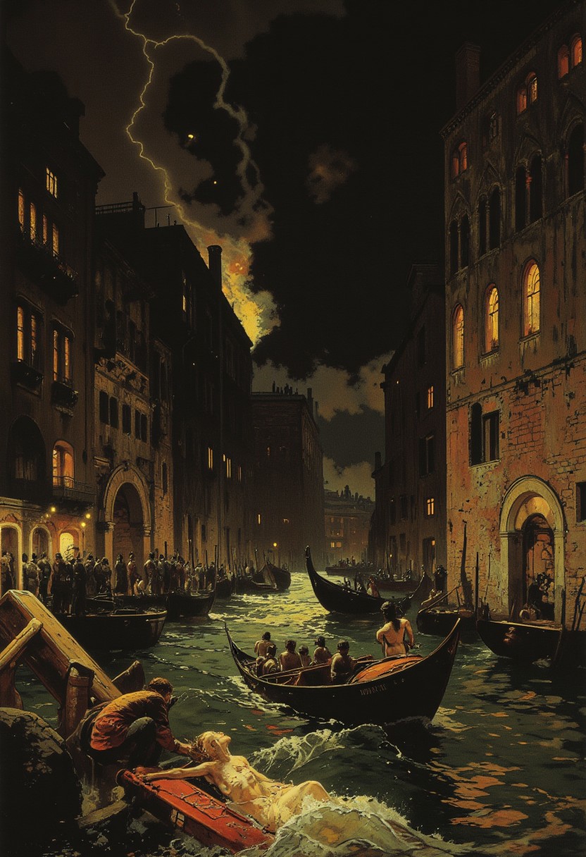 This painting portrays the bustling canals of Venice during a storm, as captured in the dramatic style of J.M.W. Turner. The foreground is alive with chaos as gondolas sway precariously on rough waters, their passengers gripping the sides for balance. A man in a red cloak leans over to pull a woman in a flowing white dress from the edge of an overturned boat. The middle ground features Venetian buildings with aged, weathered facades and arched windows, partially obscured by sheets of rain and splashes of water. The sky is dark and ominous, with flashes of lightning illuminating the canals and casting dramatic shadows across the scene. The intense contrasts of light and dark, with golden highlights breaking through the storm clouds, evoke a sense of power and vulnerability in the face of nature.