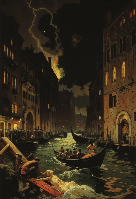 This painting portrays the bustling canals of Venice during a storm, as captured in the dramatic style of J.M.W. Turner. The foreground is alive with chaos as gondolas sway precariously on rough waters, their passengers gripping the sides for balance. A man in a red cloak leans over to pull a woman in a flowing white dress from the edge of an overturned boat. The middle ground features Venetian buildings with aged, weathered facades and arched windows, partially obscured by sheets of rain and splashes of water. The sky is dark and ominous, with flashes of lightning illuminating the canals and casting dramatic shadows across the scene. The intense contrasts of light and dark, with golden highlights breaking through the storm clouds, evoke a sense of power and vulnerability in the face of nature.