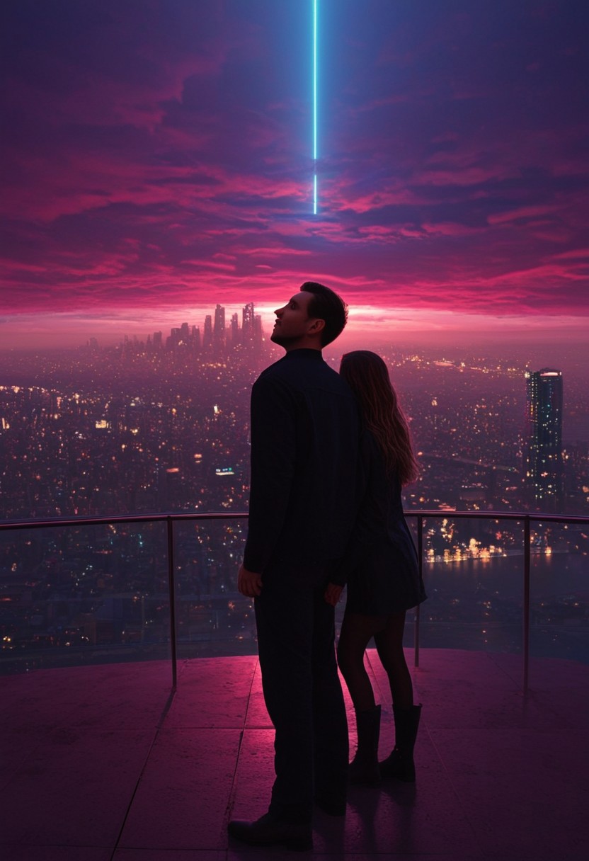A man stands at the center of an enormous, wave-like structure, mysterious and atmospheric, rendered in a dark blue color scheme with a hint of golden light, captured from behind. The scene is depicted as a cinematic photograph, emphasizing the detailed textures on the figure's . In the background, a misty sky adds to the overall mystique.highest details, ultra hyper realism. highly detailed and realistic. intricate and highly professional artwork, an absolute masterpiece. This is a high-quality CGI artwork featuring a futuristic cityscape with colossal towering skyscrapers at dusk. The scene is bathed in a soft, ambient light, creating a serene yet vibrant atmosphere. The camera angle is a low, wide shot, capturing the expansive view from a rooftop. In the foreground, a man and a woman stand next to each other, silhouetted against the city lights. The woman has long, flowing hair, and the man is dressed in a dark jacket and pants. The skyscrapers reach high into the sky and are adorned with a flood of glowing lights, neon signs, and holographic advertisements, adding a cyberpunk aesthetic. The background sky is a gradient of deep Cherry Blossom Pink and Wine Red, enhancing the futuristic feel. Atmospheric haze and motion blur. The overall aesthetic quality is very high, with detailed textures and a visually striking composition.