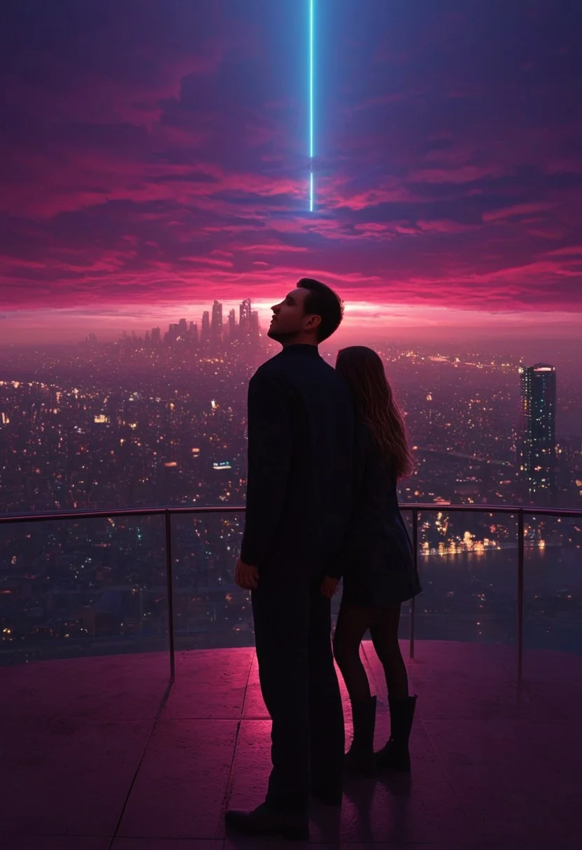 A man stands at the center of an enormous, wave-like structure, mysterious and atmospheric, rendered in a dark blue color scheme with a hint of golden light, captured from behind. The scene is depicted as a cinematic photograph, emphasizing the detailed textures on the figure's . In the background, a misty sky adds to the overall mystique.highest details, ultra hyper realism. highly detailed and realistic. intricate and highly professional artwork, an absolute masterpiece. This is a high-quality CGI artwork featuring a futuristic cityscape with colossal towering skyscrapers at dusk. The scene is bathed in a soft, ambient light, creating a serene yet vibrant atmosphere. The camera angle is a low, wide shot, capturing the expansive view from a rooftop. In the foreground, a man and a woman stand next to each other, silhouetted against the city lights. The woman has long, flowing hair, and the man is dressed in a dark jacket and pants. The skyscrapers reach high into the sky and are adorned with a flood of glowing lights, neon signs, and holographic advertisements, adding a cyberpunk aesthetic. The background sky is a gradient of deep Cherry Blossom Pink and Wine Red, enhancing the futuristic feel. Atmospheric haze and motion blur. The overall aesthetic quality is very high, with detailed textures and a visually striking composition.