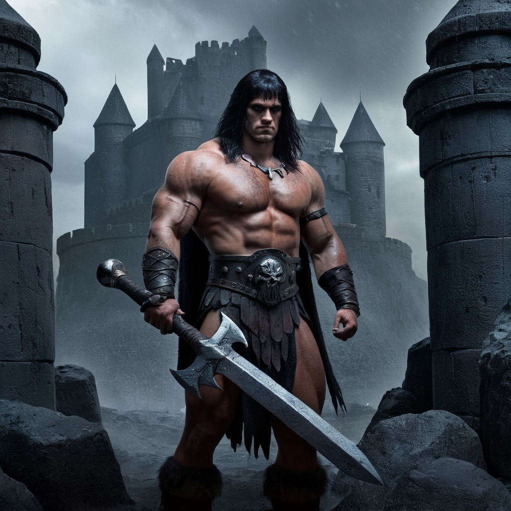 Dark Fantasy Art of  <lora:Conan the Barbarian:1.2>  created by Robert E. Howard
Conan the Barbarian a bodybuilding ribbed shredded man with a large axe standing in front of a castle, dark, moody, dark fantasy style