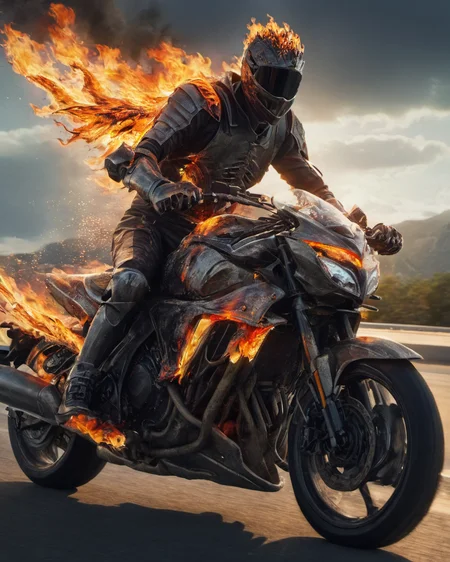 hyperdetailed photography,masterpiece,awardwinning,128k uhd,cndrlord,man in flaming armor on a motorbike driving on a highway ,<lora:lordofcinders:0.8>,raw photo,sharp focus,bokeh,epic,official art
