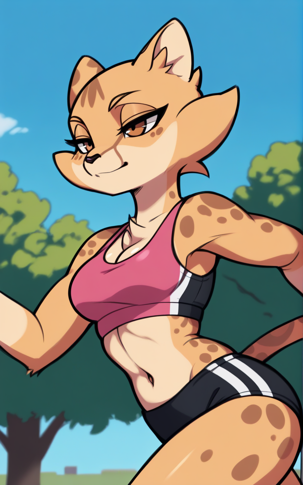 best quality, absurdres, <lora:BolivanteStyleITS:0.8>,  <lora:AELKITS:0.8>, AELKITS, buruma, black buruma, tail, midriff, navel, sports bra, pink sports bra, cleavage, brown eyes, furry female, furry, animal ears, half-closed eyes, body fur, animal nose, multicolored fur,solo, slim, running,outside, park, trees, blue sky, clouds, cat tail