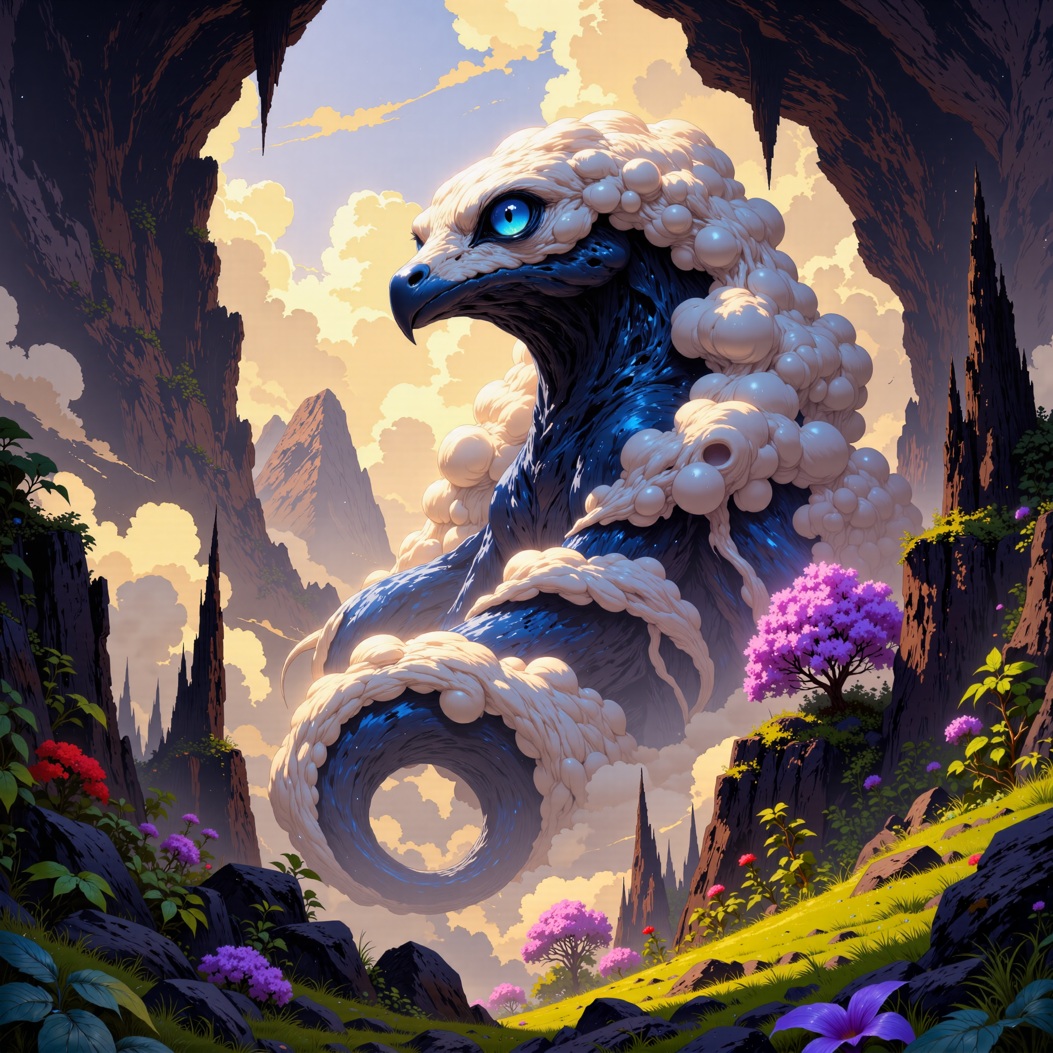 phenomenal and amazing scenery on a distant world, famous artwork inspired by brian despain, dramatic scene, fractal art, high sci-fi style, dynamic angle, this prodigious and enigmatic abomination, the "blue-eyed cloudjorgle", with its form ever twisting and contorting in unnatural ways, stalks the dense fog-shrouded jungles of planet "vutzelbold tertius" in the cover of its gigantic primordial flora and eerie sassled gobberbloom, creature focus, very aesthetic, extremely detailed, ultra high resolution, 8k, 4k, harmonising colors, taupe and lavender and wine red and jet black and night blue, ovg, vibrantlysharp, <lora:faetastic_details-flux-by_faeia:0.64>, <lora:style-vibrantly_sharp-v5-flux-by_bra2ha:0.64>