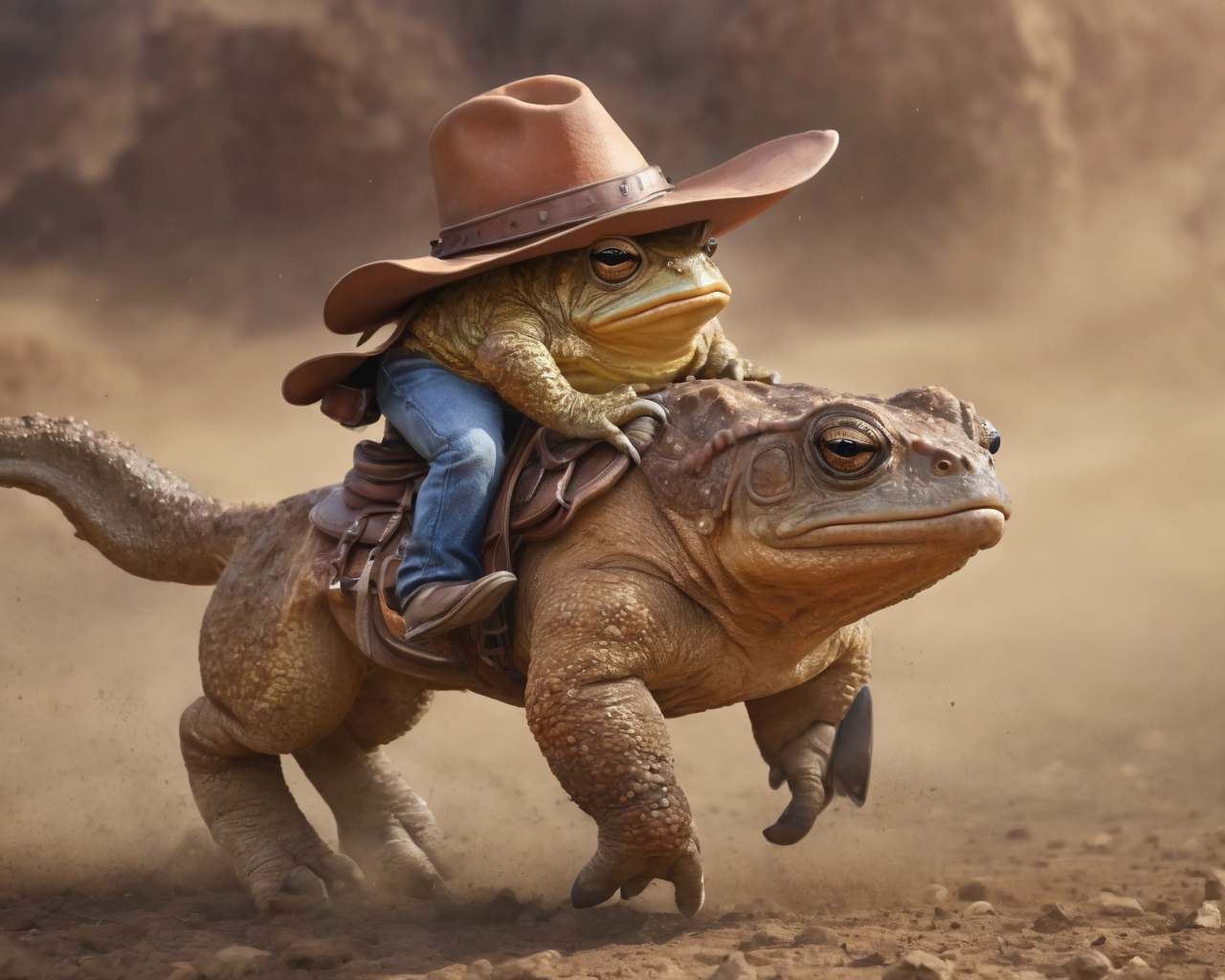 a huge muscular cowboy toad with a cowboy hat is riding a horse, HD, 4k