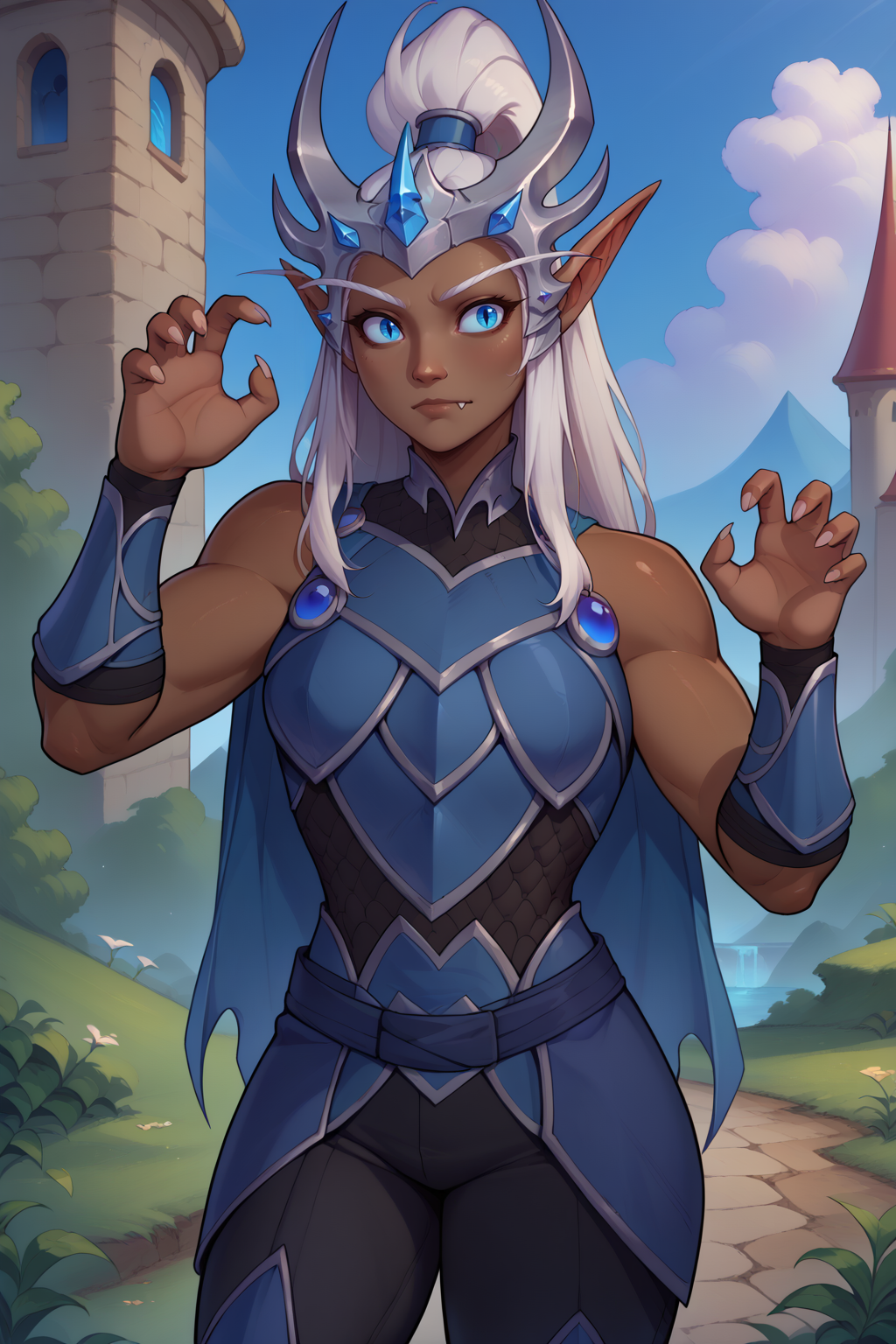 score_9, score_8_up, 1girl, solo <lora:NSSindragosaWoW:1> NSSindragosaWoW, high ponytail, long hair, bangs, white hair, pointy ears, dark-skinned female, split pupils, blue vambraces, bare shoulders, sleeveless, blue cape, belt, armor, pants, outdoors, castle, cowboy shot, horned headwear, claw pose, cute fang,