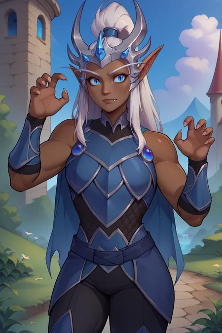 score_9, score_8_up, 1girl, solo <lora:NSSindragosaWoW:1> NSSindragosaWoW, high ponytail, long hair, bangs, white hair, pointy ears, dark-skinned female, split pupils, blue vambraces, bare shoulders, sleeveless, blue cape, belt, armor, pants, outdoors, castle, cowboy shot, horned headwear, claw pose, cute fang,