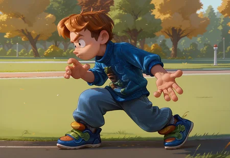 score_9, score_8_up, score_7_up, CuteCartoonStyle, 1boy, solo, male focus, Aaron Ginger, playful, relaxed, Hands out, five fingers, casual stance, shrugging gesture, playful attitude, Side view, walking stance, park, full body shot,
