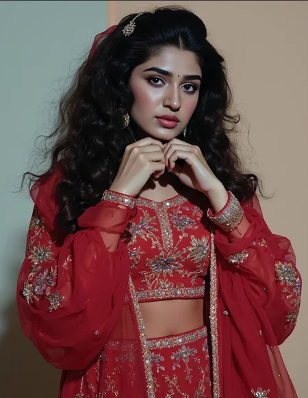 black and white photo of kr1t1 sh3tty woman, hyper realistic photo that is safe for work, serious, studio quality image with natural colors, well dressed wearing intricate long sleeved Red Patiala Suit, hair styled as curls,muted pastel shaded multicolored background that contrasts with the person, cinematic lighting,âââââ <lora:kr1t1_sh3tty_Kriti_Shetty_Flux_Kohya_V1:0.8>âââ