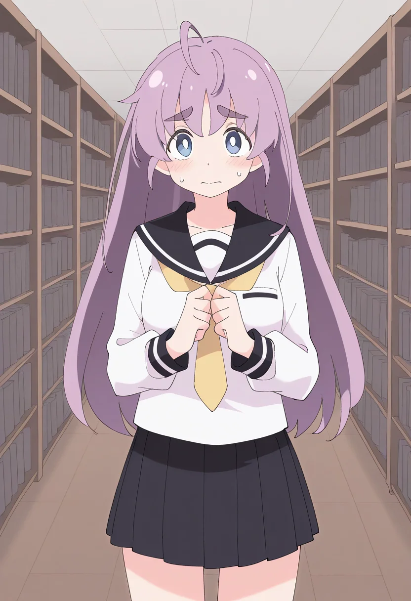 1girl, solo, rinlilustea, purple hair, long hair, ahoge, thick eyebrows, blue eyes, shirt, long sleeves, sailor collar, yellow necktie, skirt, school uniform, indoors, library, cowboy shot, standing, nervous, looking at viewer,
