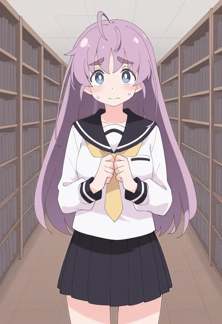 1girl, solo, rinlilustea, purple hair, long hair, ahoge, thick eyebrows, blue eyes, shirt, long sleeves, sailor collar, yellow necktie, skirt, school uniform, indoors, library, cowboy shot, standing, nervous, looking at viewer,
