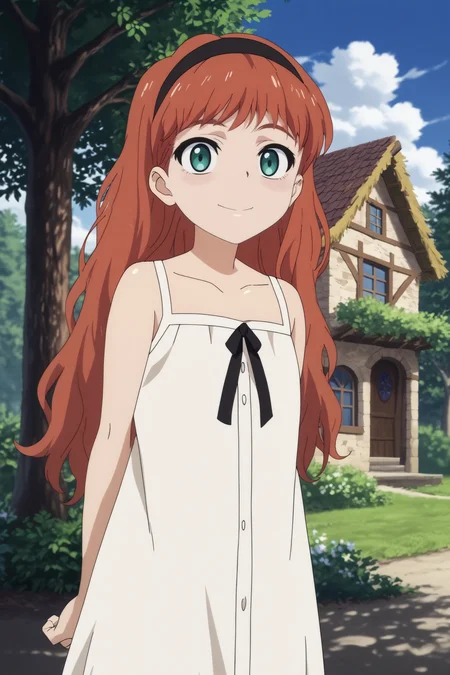 frill,1girl,solo,smile,hairband,dress,red hair,black hairband,freckles,white dress,collarbone,hands behind the back,cowboy shot BREAK outdoors,blue sky,house,tree,forest <lora:Frill_-_Wonder_Egg_Priority.safetensors:0.8> <lora:detailed_backgrounds_v2.safetensors:0.5>