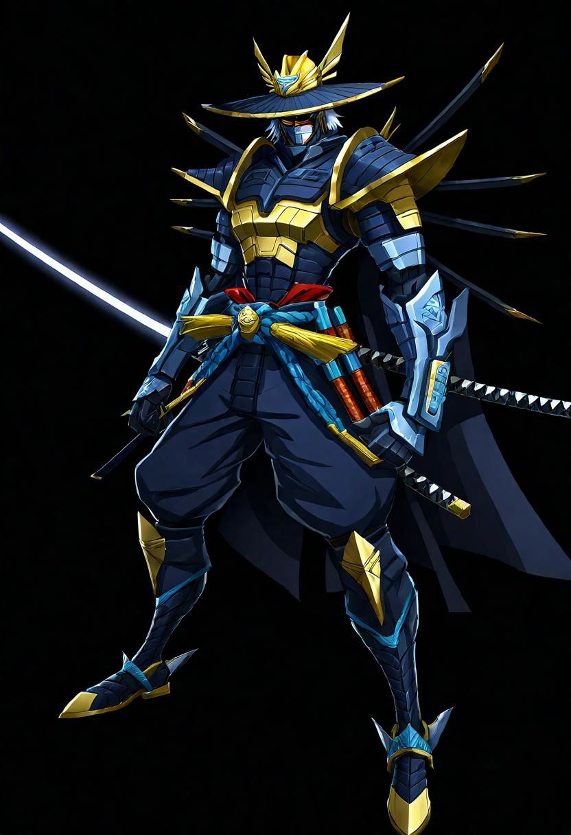 ncrender of a raiden from metal gear as a shogun,simple background,black background