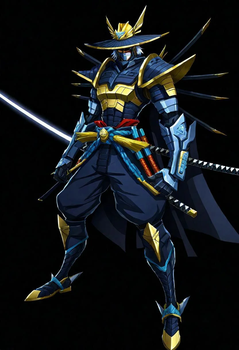 ncrender of a raiden from metal gear as a shogun,simple background,black background