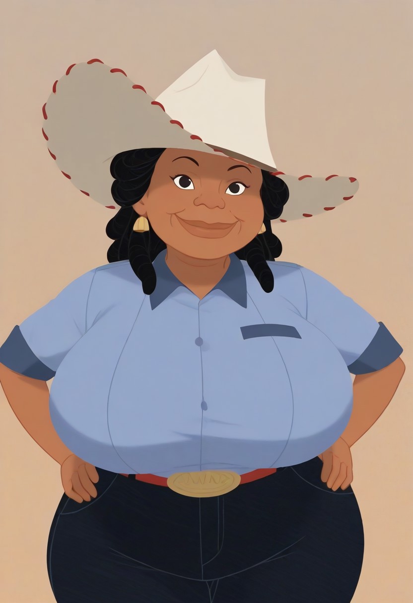 show accurate,,looking at viewer,show accurate,The Proud Family  style, 1girl, standing,black hair,
hyper breasts,gigantic breasts,sagging breasts,chubby belly,wrinkles in face
huge breasts, dark skin,bbw,huge breasts,huge hips,huge thighs
blue shirt,jeans,cowboy hat,
hands on hips,smile
upper body,portrait,face focus
desert background