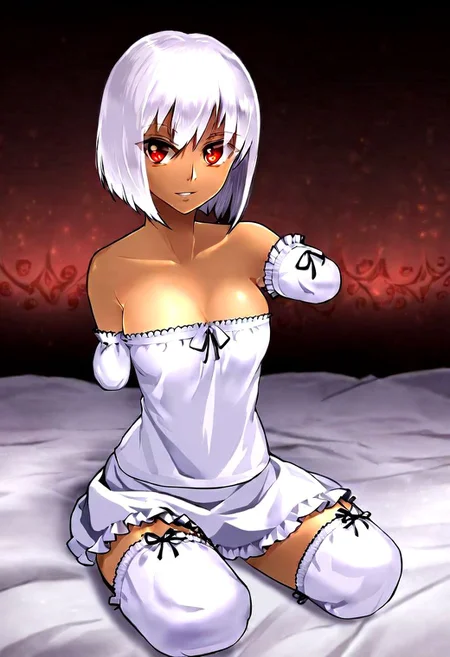 brunette girl amputee with white hair, red eyes in anime style, both arms amputated, amputed rigth and left hand, amputed left arm, amputed rigth arm,amputed left leg, armlees amputee, armless amputee, legless amputee,white frilled lace trimmed arm wrapper,white frilled lace trimmed leg wrapper, rigth leg, wearing white nigth skirt, seated on a bed.