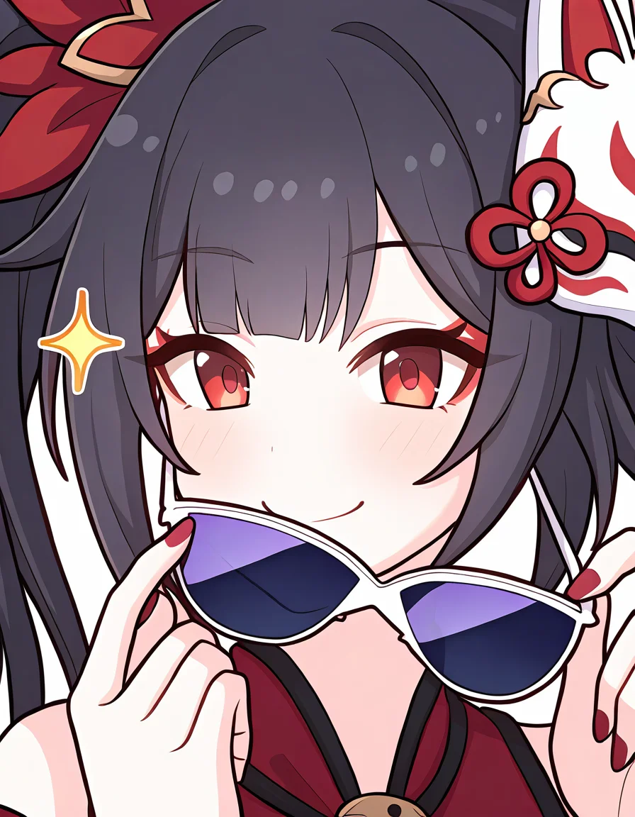 <lora:pcr-000008:1>,sparkle_hsr,sparkle_base,long hair,black hair,red eyes,twintails,sparkle mask,fox mask,mask on head,upper body,close-up,face focus,hands up,looking at viewer,smile,smile,closed mouth,sunglasses,nail polish,red nails,adjusting headwear,looking over eyewear,, masterpiece, best quality, very aesthetic, absurdres,newest, incredibly absurdres,