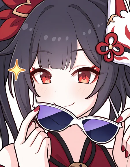 <lora:pcr-000008:1>,sparkle_hsr,sparkle_base,long hair,black hair,red eyes,twintails,sparkle mask,fox mask,mask on head,upper body,close-up,face focus,hands up,looking at viewer,smile,smile,closed mouth,sunglasses,nail polish,red nails,adjusting headwear,looking over eyewear,, masterpiece, best quality, very aesthetic, absurdres,newest, incredibly absurdres,