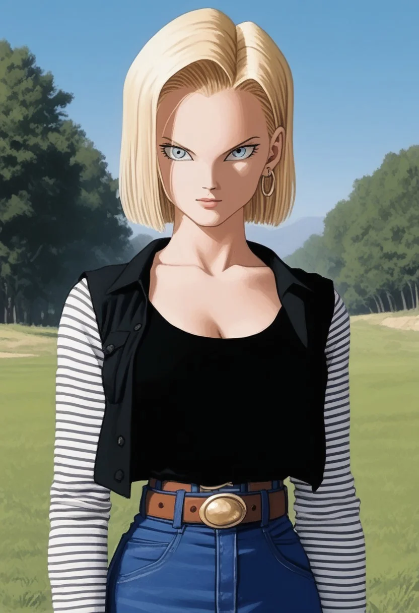 source_painting,1girl, (android 18, blonde hair, blue eyes, eyelashes), hoop earrings, short hair, earrings, belt, black legwear, black shirt, breast pocket, cleavage, collarbone, denim, denim skirt, high-waist skirt, jewelry, long sleeves, pocket, shirt, shirt tucked in, skirt, striped, striped sleeves, waistcoat, outdoors