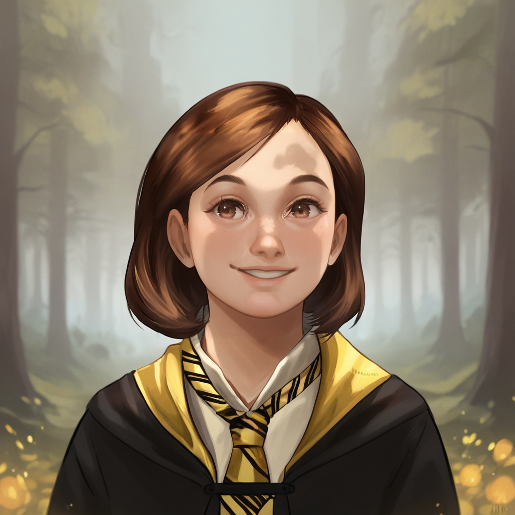score_9_up, score_8_up, BREAK, PoppySweeting, 1girl, solo, brown hair, short hair, brown eyes, smile, necktie, hogwarts school uniform, upper body,  outdoors, forest,  <lora:PoppySweeting_PXL_Leaf3-000014:1>
