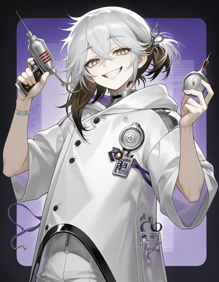 1 androgynous,  solo,medicinepocket,looking at viewer, smile, tooth,holding, 
 <lora:Medicine_Pocketreverse1999:1>, (masterpiece, best quality, high quality, highres, ultra-detailed),