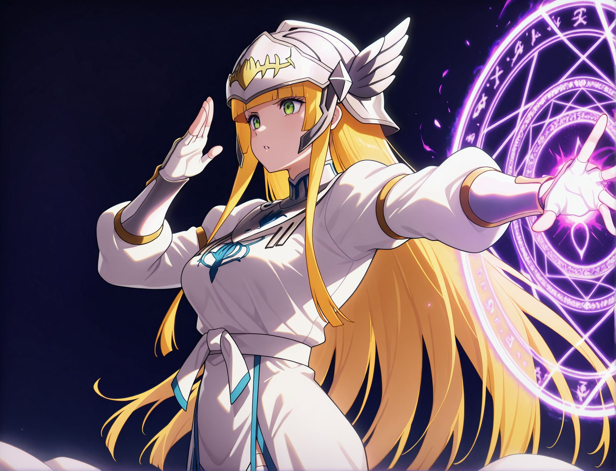 masterpiece,best quality,amazing quality,very aesthetic,absurdres,newest, huge filesize,
<lora:spo_sdxl_10ep_4k-data_lora_webui:0.5>,
<lora:add-detail-xl:1> anime screencap,  overlord,official art, 
helmet, 
1girl,solo,   hand up, blue magic circle on  two hand, Arm fully extended,
Outstretched arm gesture,
Straight-arm motion,  from side,  upper body, 
<lora:overlord_The_Sacred_Kingdom_V2:1>overlord_V2,
 sidelocks,  white robe,  long sleeves,white fingerless gloves, 
long hair. green eyes,  white dress, blunt bangs,  
blonde hai, white shoes, long skirt,
white dress,
white thighhighs.
o_calca, human female,blackout curtain,
simple background, white background,