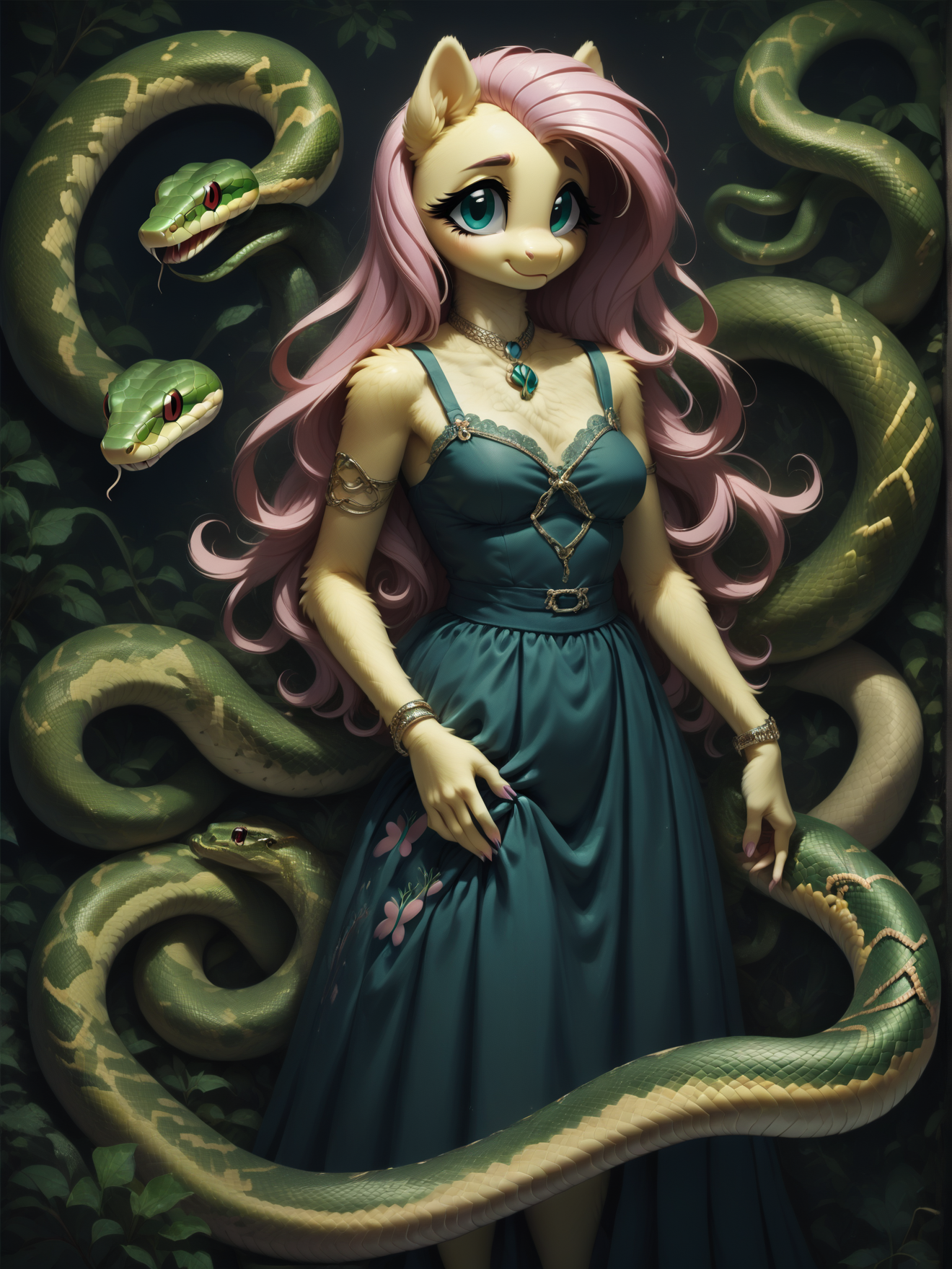 score_9, score_8_up, score_7_up, score_6_up,  1girl, solo, (Fluttershy:1.3) \(mlp\), (anthro pony:1.1), tail, dress,
<lora:Serpent_World:1> snake, <lora:Anime Summer Night Style SDXL_LoRA_Pony Diffusion V6 XL:0.5>  <lora:Realistic000003_1_2.5DAnime_0.05_Merge1:0.5>  <lora:MegaFluffyPony:0.5> MegaFluffyPony, furry, fluffy, dark theme, low light,