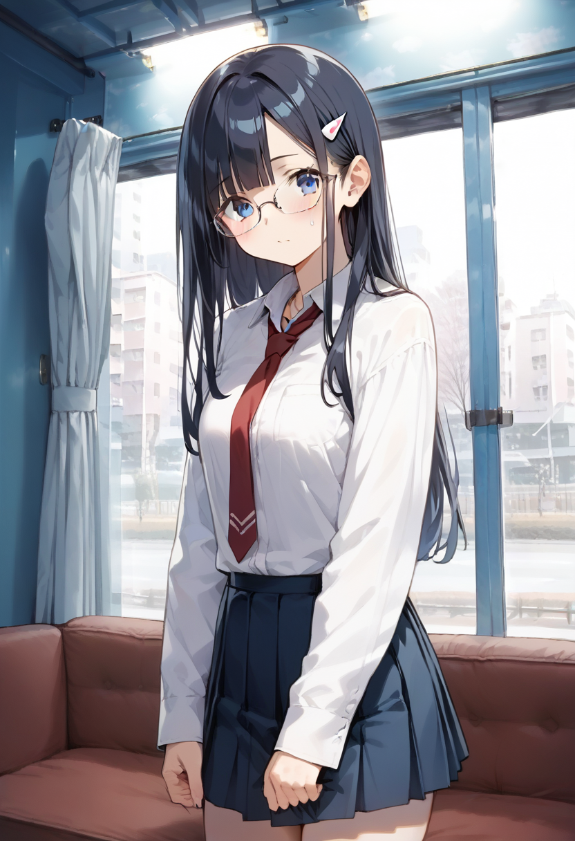 score_9, score_8_up, score_7_up, rating_safe, masterpiece, best quality, absurdres, unity 8k wallpaper, official art, official style, source_anime, uncensored, game cg, megami magazine,
1girl, solo, glasses, black hair, long hair, blue eyes, collared shirt, red necktie, pleated skirt, blue skirt, looking at viewer, blush, 
mmgo, window, scenery, indoors, curtains, couch, tree, building, day, cityscape, city
 <lora:mmgo_PONY_V1-000100:0.8>