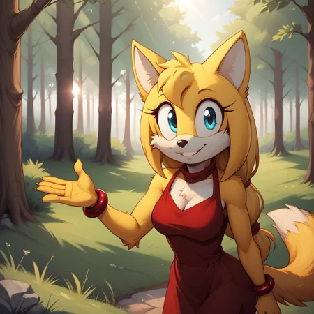 score_9, score_8, BREAK, solo, Zooey the Fox, yellow skin, blue eyes, red dress, red bracelets, yellow tail, furry, furry female, adult female, mature female, breasts, sexy pose, self portrait, smile, outdoors, sunlight, shadows, evening lighting, natural lighting, forest, trees, grass, orange sky, sunset
