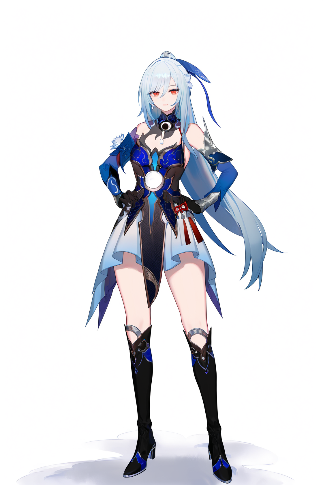 8k, best quality, masterpiece, (ultra-detailed), (high detailed skin), (by nanoless, by misumi \(macaroni\):0.25), 
full body, full shot, standing, looking at viewer, (solo:1.2), simple background, white background, hand on own hip, solo, 
<lora:jingliu-a3-Tanger-000014:1>, jinliu, default clothes, silver hair, blue and white chinese  dress, 1girl,    red eyes,  long hair, boots,  black gloves, bangs, bare shoulders, ponytail, black footwear, 
A full-body portrait of a young girl, standing gracefully, pastel art style, high-key lighting, shoujo manga influence, hd quality, delicate details,