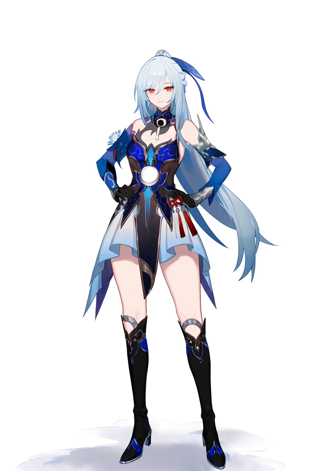 8k, best quality, masterpiece, (ultra-detailed), (high detailed skin), (by nanoless, by misumi \(macaroni\):0.25),
full body, full shot, standing, looking at viewer, (solo:1.2), simple background, white background, hand on own hip, solo,
<lora:jingliu-a3-Tanger-000014:1>, jinliu, default clothes, silver hair, blue and white chinese dress, 1girl, red eyes, long hair, boots, black gloves, bangs, bare shoulders, ponytail, black footwear,
A full-body portrait of a young girl, standing gracefully, pastel art style, high-key lighting, shoujo manga influence, hd quality, delicate details,