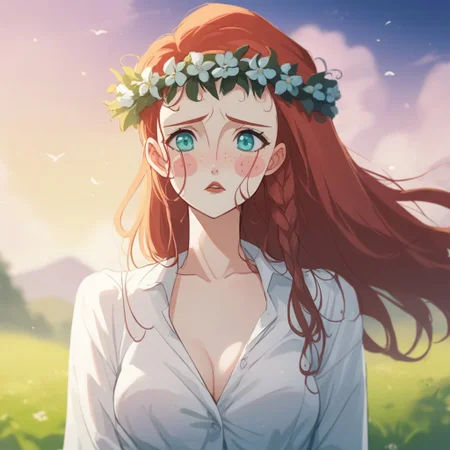 score_9, score_8_up, score_7_up, source_anime, expressive, anime, dynamic, 1girl, white skin, blush_stickers and freckles, long hair, red hair, red_lips, aqua_eyes, shy, blush, uncensored, (S1GR1DTotG), source_hentai, unbuttoned, white_dress, breasts, blurry_background, head_wreath,