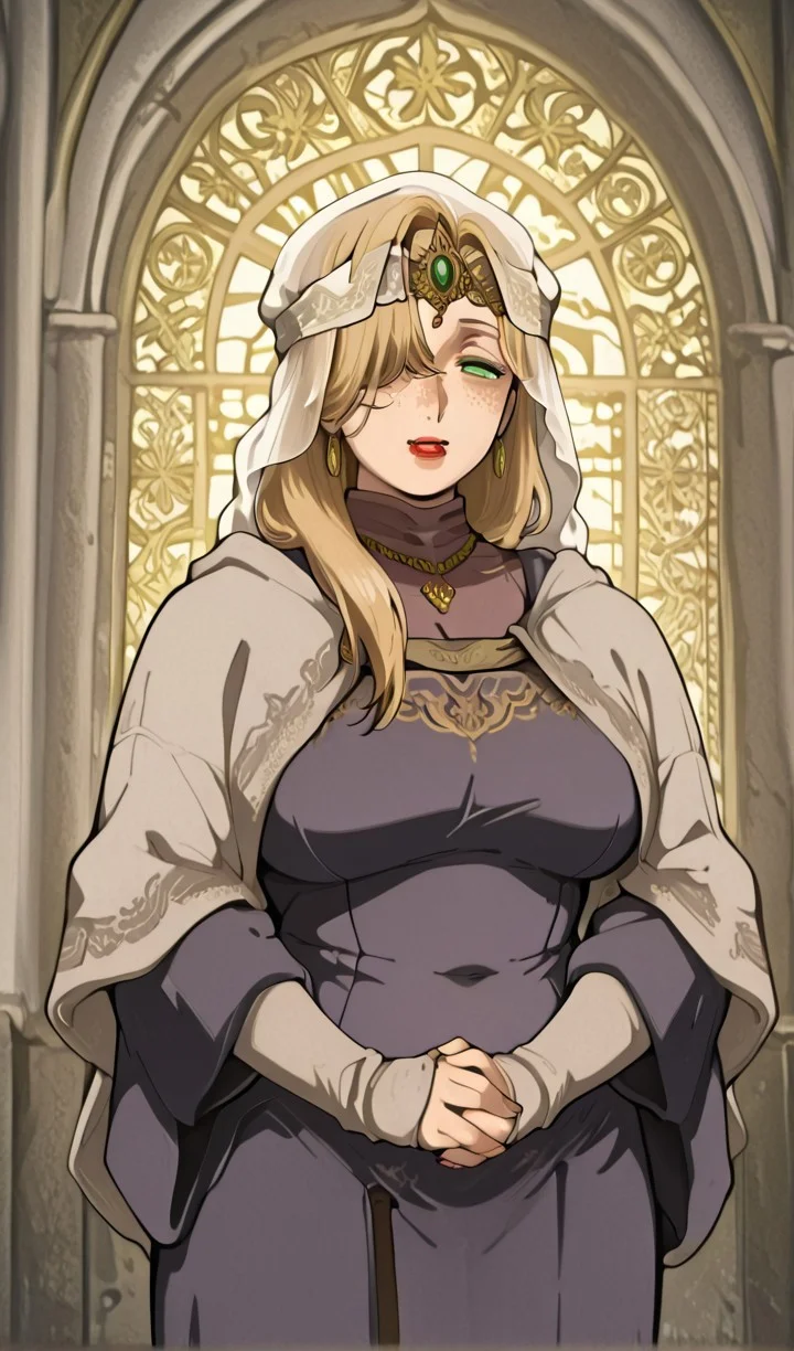 1girl, solo, mature female, anime style, soft rounded face, plump cheeks, fat face, thick neck, soft jawline, chubby, gentle expression, parted lips, tan skin, freckles, church background, masterpiece, best quality, anime coloring , white rectangular barbette_hat:1.3, veil
trishaelric, light blonde hair, shoulder length, 1girl, r, long hair, hair over one eye, green eyes, makeup, lipstick, low side ponytail, green eyes, hair over eyes, hair bangs over eyes , veil, detailed face, visible cleavage, round nose, slight smile, small mouth, modest pose, hands clasped in front, feminine posture, character portrait, (white barbette_hat:1:3, transparent veil:1.3, golden crownL1.2, )
long purple dress, ornamental design, ornaments, princess, white corset with bow, golden necklace, gold collar, gold earrings with green jewlels, tiara, long head veil, brown veil, veil over head, , gloves, necklace, , long veil:1.2,
thick body, curvy, milf, large sagging breasts, chubby stomach, soft arms, soft silhouette, warm lighting, church interior
<lora:Trisha_Elric_FMAB_ix:0.7>, mamimi, romy