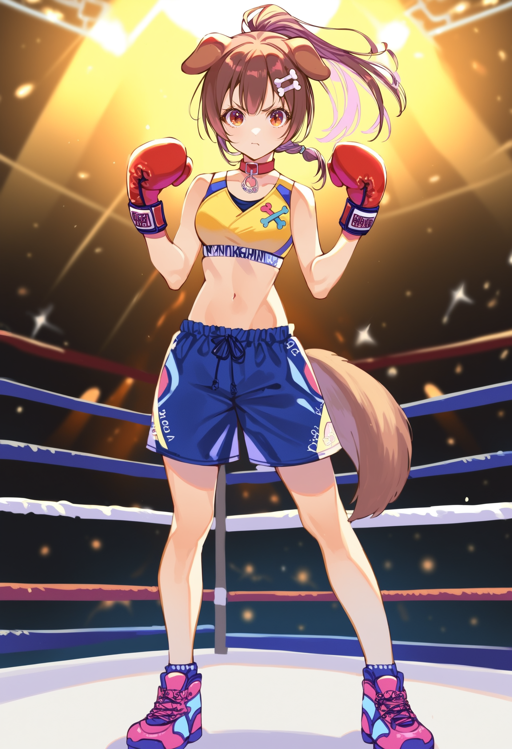 score_9, score_8_up, score_7_up, score_6_up, source anime,
<lora:inugami_korone_v1:1>  1girl, bone hair ornament, solo, dog girl, dog tail,
inugami korone boxing, yellow sports bra, red collar, standing, blue shorts, ponytail, navel, midriff,  
full body, closed mouth, 
looking at viewer,
boxing ring, indoors, backlighting, fighting stance,