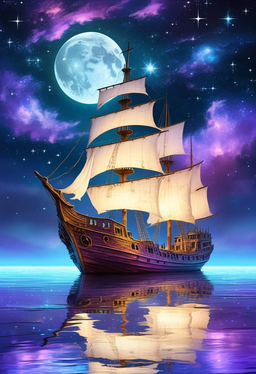 (a drawing of a ghost ship in a stylized design, torn white sails:1.3), (Ocean, still water, water reflection, reflective water, night sky, moon, stars, galaxy), (purple theme:1.4, extremely detailed, high detail, hires textures, incredibly detailed, intricate details, masterpiece, colorful comic, murals)
