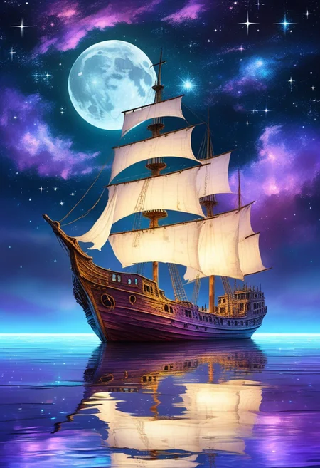 (a drawing of a ghost ship in a stylized design, torn white sails:1.3), (Ocean, still water, water reflection, reflective water, night sky, moon, stars, galaxy), (purple theme:1.4, extremely detailed, high detail, hires textures, incredibly detailed, intricate details, masterpiece, colorful comic, murals)