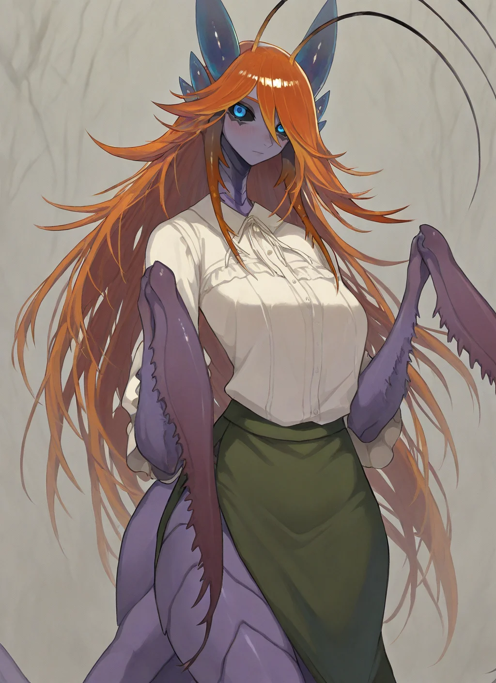 artist:, masterpiece, best quality, newest, very awa, absurdres, highres, mnts, 1girl, purple carapace, purple skin, orange hair, very long hair, blush, black schlera, blue eyes, casual outfit, skirt, looking at viewer, beautiful background, detailed, <lora:SDXL\Illustrous\Concept\Mantis_girl_concept:1.0>