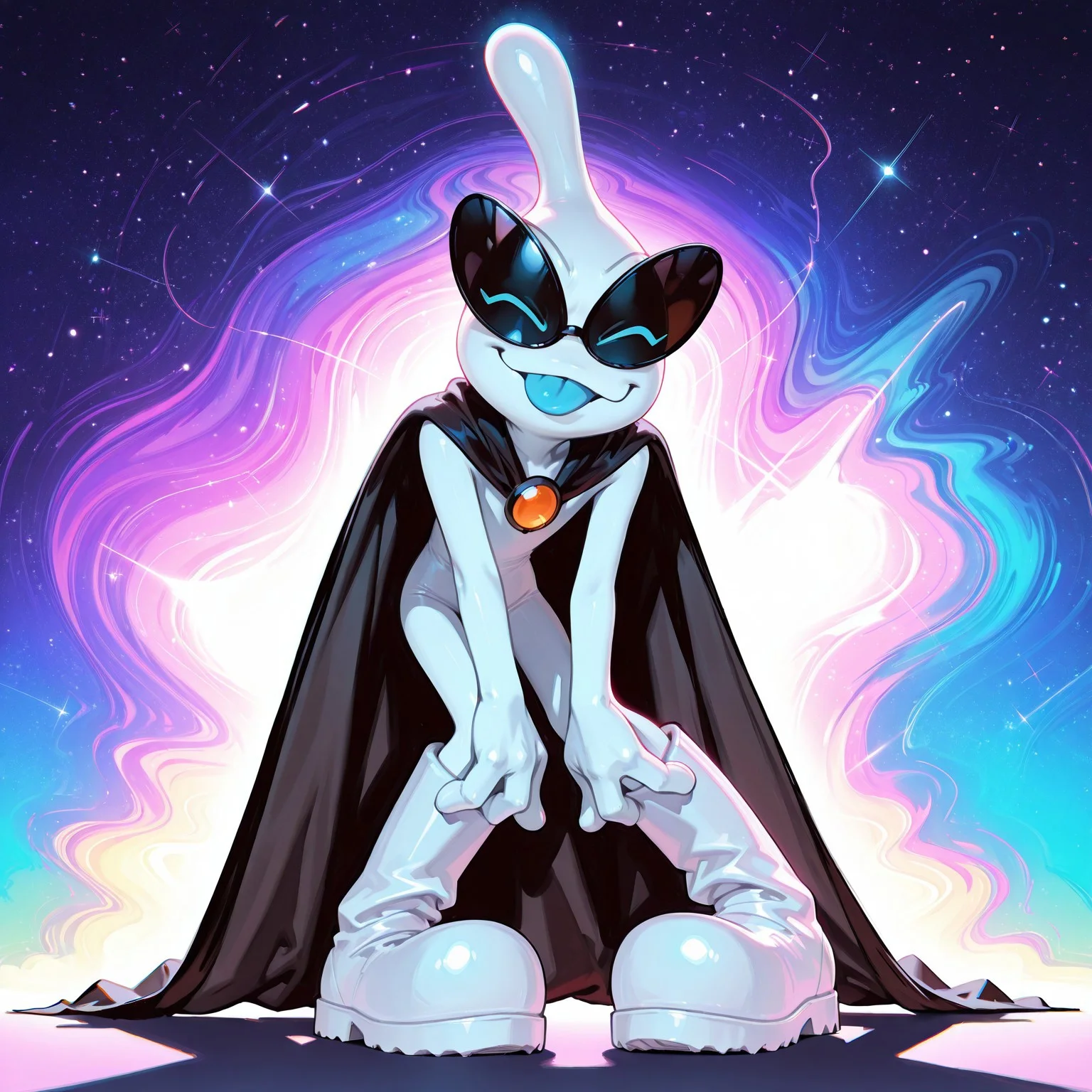 masterpiece, ultra detailed, amazing quality, absurdres, very aesthetic, from below, looming, solo, male focus, 1boy,
orbulon_WW, white skin, alien, 3 fingers, fewer digits, sunglasses, eyes visible through eyewear, closed eyes, blue eyes, knee boots, white footwear, spiked footwear, pigeon toed, kneeling, brooch, black cape, torn cape, closed mouth, smirk, :3, blue tongue, tongue out, hands on own knees, slim, full body, leaning forward, fluttering cape,
BREAK
detailed shading, shadow, WaiIL25PosC, g0th1c, glowing, backlighting, starry sky, psychedelic background, galaxy,