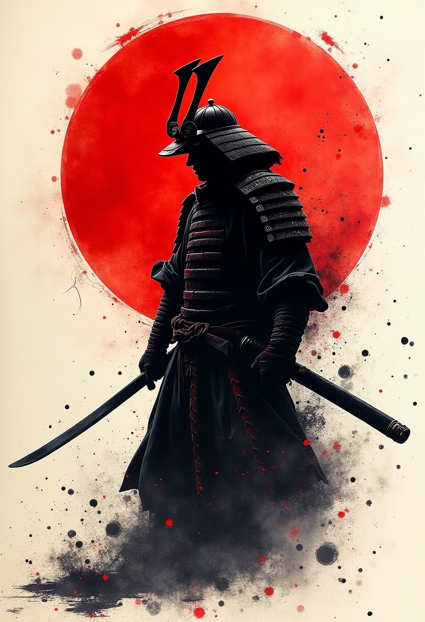 "Intense Coloful Ink splash art of a samurai. inksplash style background. Large red moon. High quality